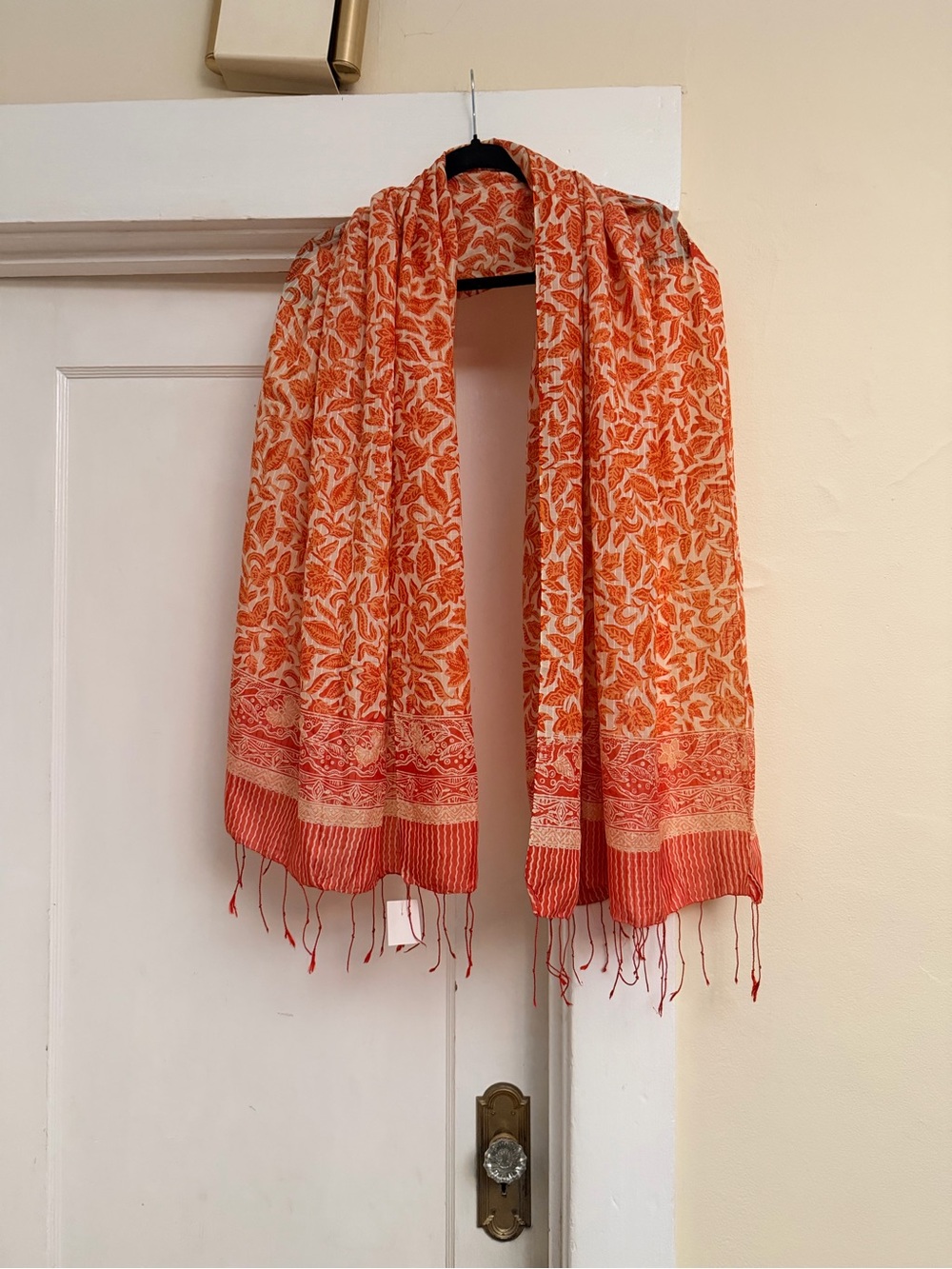 Orange & Ivory Batik Floral Scarf Wrap with Fringe Boho Lightweight